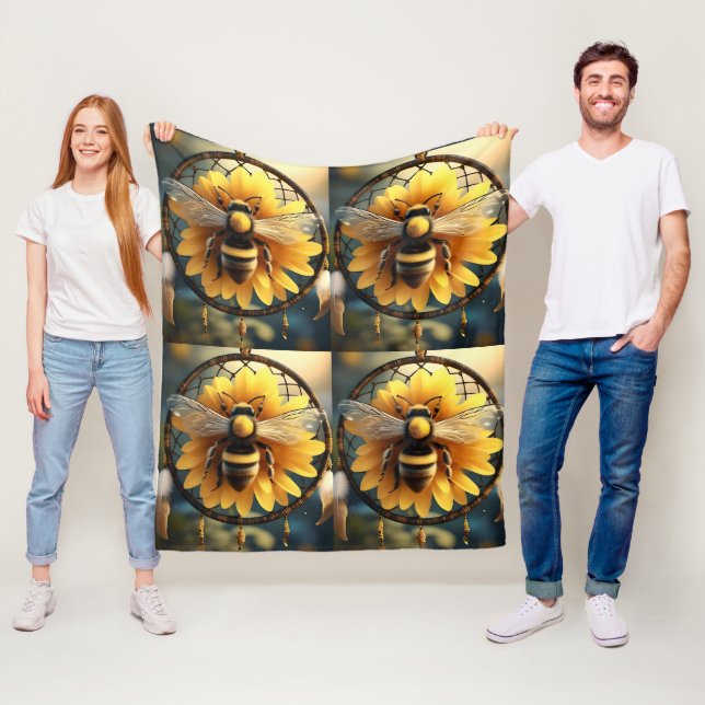 Sunflower Bee Dreamcatcher, Medium Fleece Blanket (In Situ)