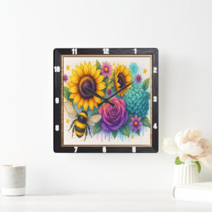 Sunflower Bee Garden Wall Square Wall Clock