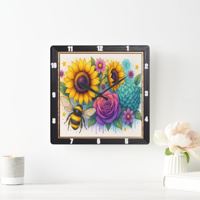 Sunflower Bee Garden Wall Square Wall Clock (Home)