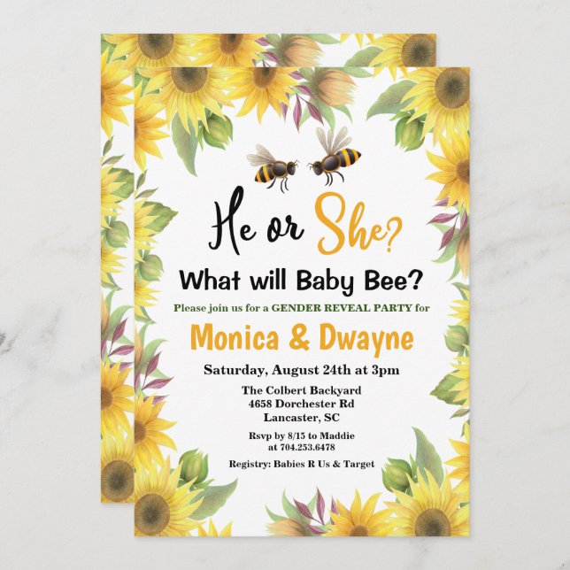 Sunflower Bee Gender Reveal Baby Shower Invitation (Front/Back)