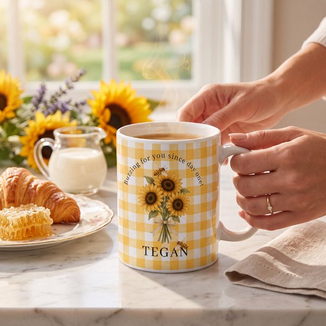 Sunflower Bee Gingham Floral Sentiment Mug (Creator Uploaded)