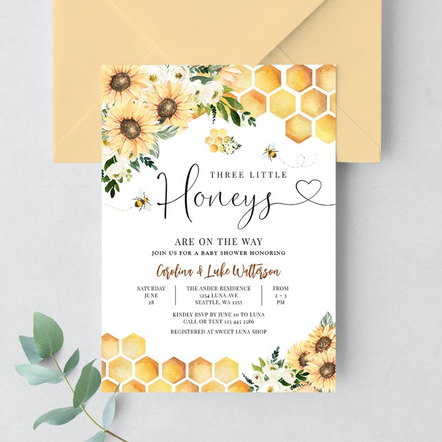 Sunflower Bee Twin Triplet Honey Baby Shower Invitation (Creator Uploaded)