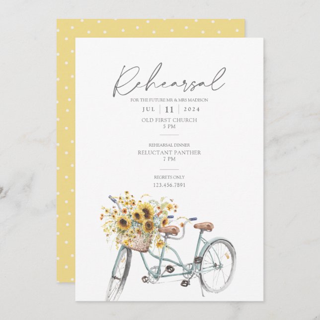 Sunflower Bicycle Watercolor Wedding Rehearsal Invitation (Front/Back)