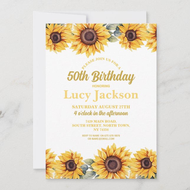 Sunflower Birthday 50th Floral White Womens Invitation (Front)