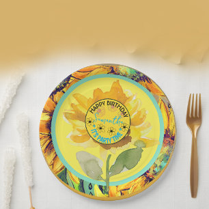 Sunflower Birthday Girl Yellow Black Paper Plate
