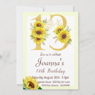 Sunflower Birthday Invitation, 13th Birthday  Invitation