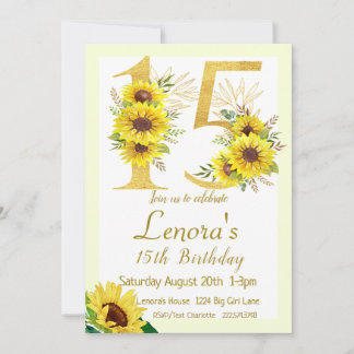 Sunflower Birthday Invitation, 15th Birthday  Invitation