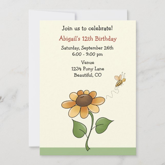 Sunflower Birthday Invitation for Girls (Front)