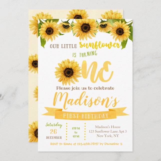 Sunflower Birthday Party Invitations (Front/Back)