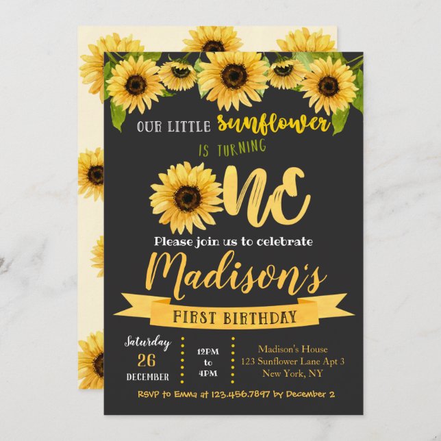 Sunflower Birthday Party Invitations (Front/Back)