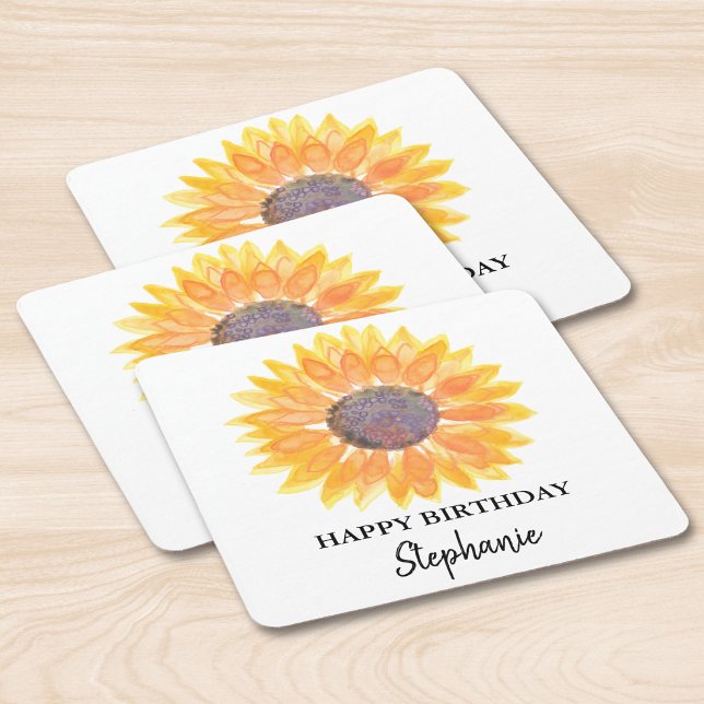 Sunflower Birthday Party Square Paper Coaster (Creator Uploaded)