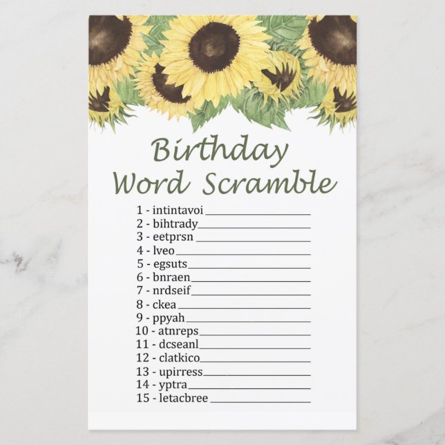 sunflower BIRTHDAY WORD SCRAMBLE Game (Front)