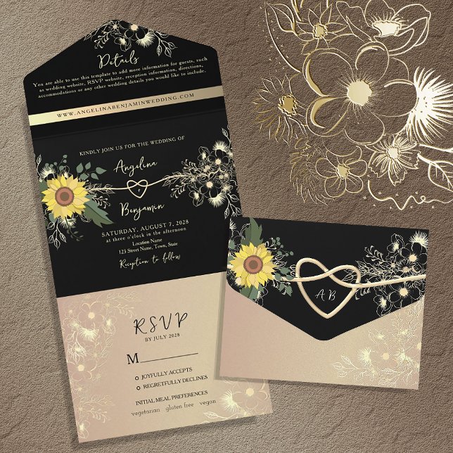 Sunflower Black and Gold Wedding All In One Invitation (Creator Uploaded)