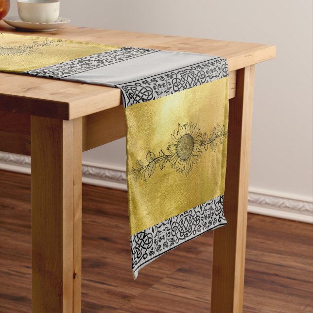 Sunflower Black and Metallic Gold Table Runner (In Situ)