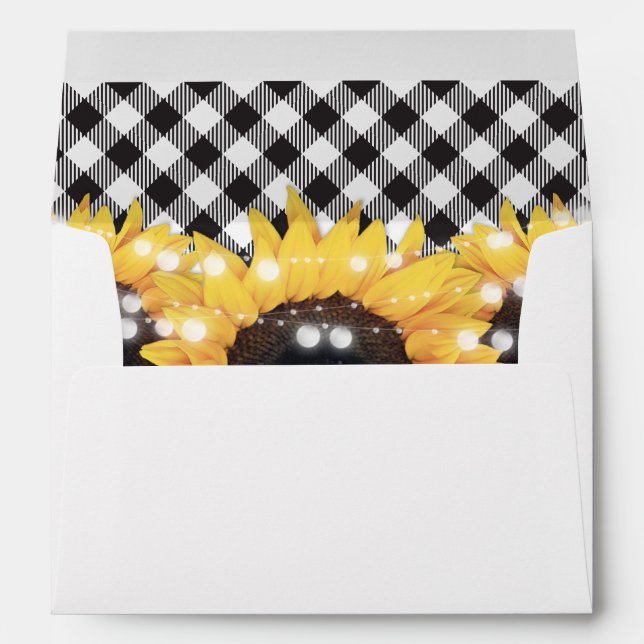 Sunflower Black and White Buffalo Plaid Wedding Envelope (Back (Bottom))