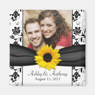 Sunflower Black and White Damask Wedding Magnet