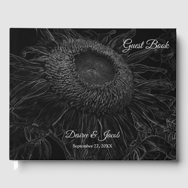 Sunflower Black And White Floral Art Elegant Guest Book (Front)