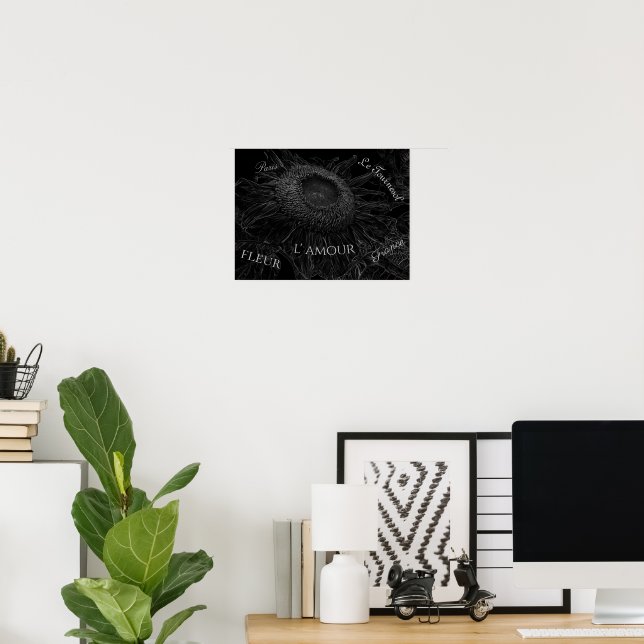 Sunflower Black And White Floral Decoupage Script Poster (Home Office)