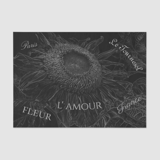 Sunflower Black And White Floral Decoupage Script Tissue Paper (Front)