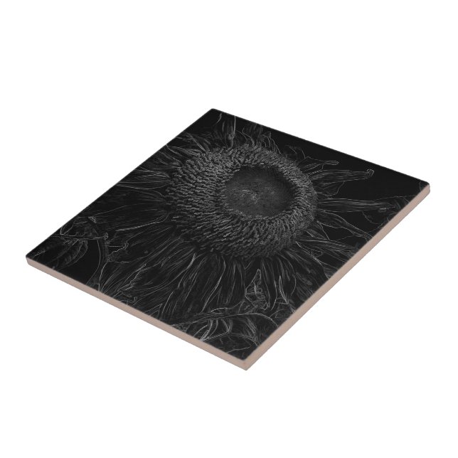 Sunflower Black And White Modern Art Sketch Design Ceramic Tile (Side)