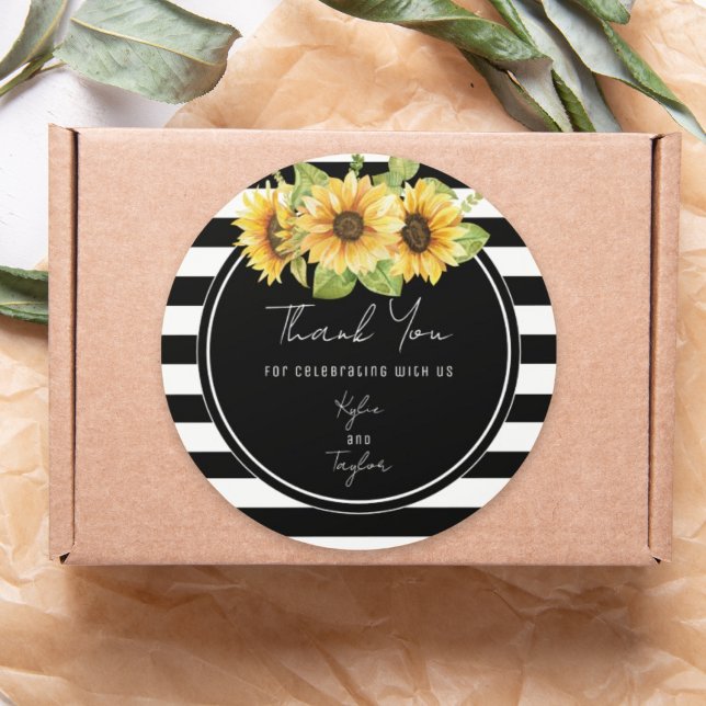 Sunflower Black and White Stripes Wedding Favour Classic Round Sticker (Creator Uploaded)