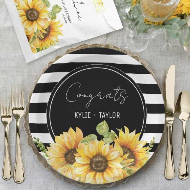 Sunflower Black and White Stripes Wedding Shower Paper Plate (Creator Uploaded)