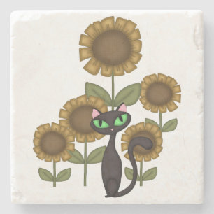 Sunflower Black Cat Stone Coaster
