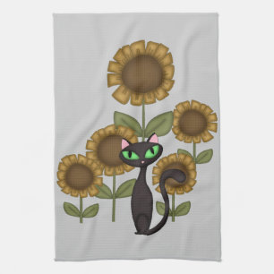 Sunflower Black Cat Tea Towel