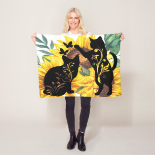 Sunflower Black Cats Watercolor Floral Fleece Blanket