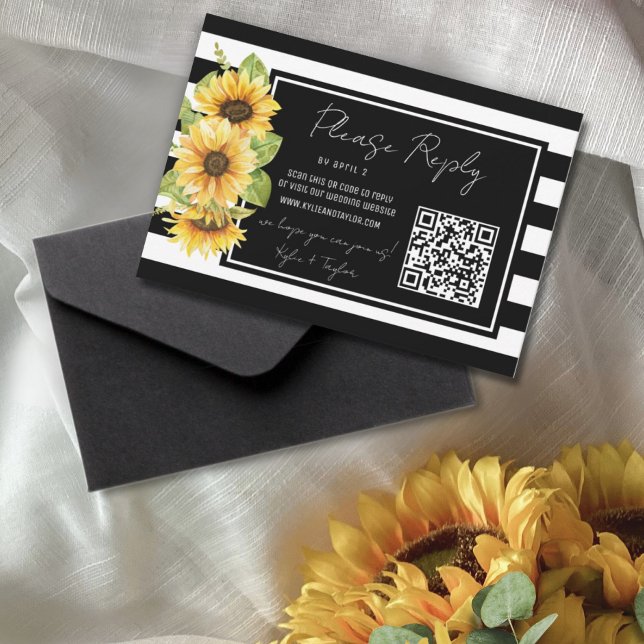 Sunflower Black Stripe Wedding QR Code RSVP Reply Card (Creator Uploaded)