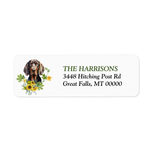 Sunflower Black Tan Coonhound Dog Label Return Address Label (Front)