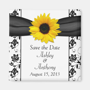 Sunflower Black White Damask Wedding Save the Date Magnet