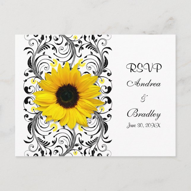 Sunflower Black & White Floral RSVP Postcard (Front)