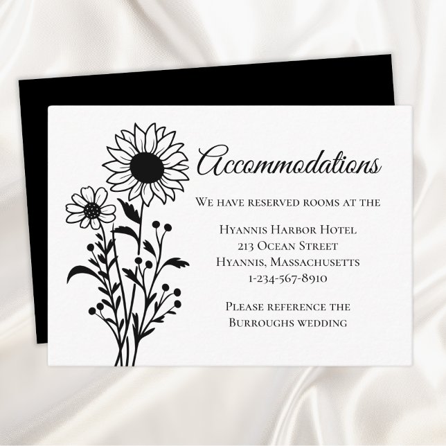 Sunflower Black White Floral Wedding Accommodation Enclosure Card (Creator Uploaded)