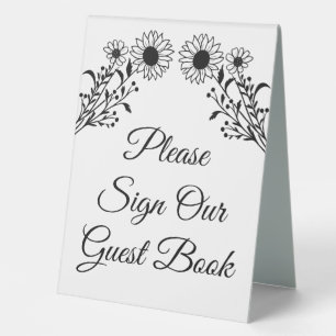Sunflower Black White Floral Wedding Guest Book