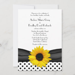 Sunflower Black White Polka Dot Ribbon Wedding Invitation