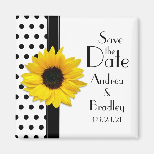 Sunflower Black White Polka Dot Save the Date Magnet (Front)