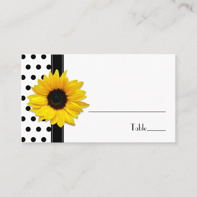 Sunflower Black White Polka Dot Wedding Place Card (Front)
