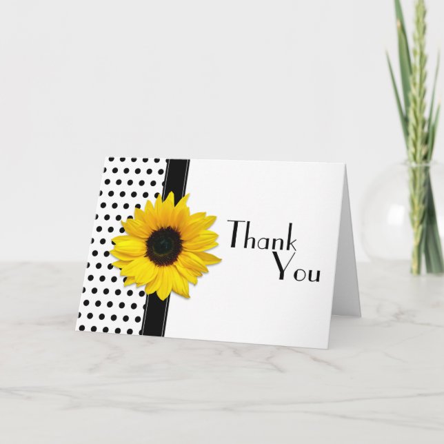 Sunflower Black White Polka Dot Wedding Thank You Card (Front)