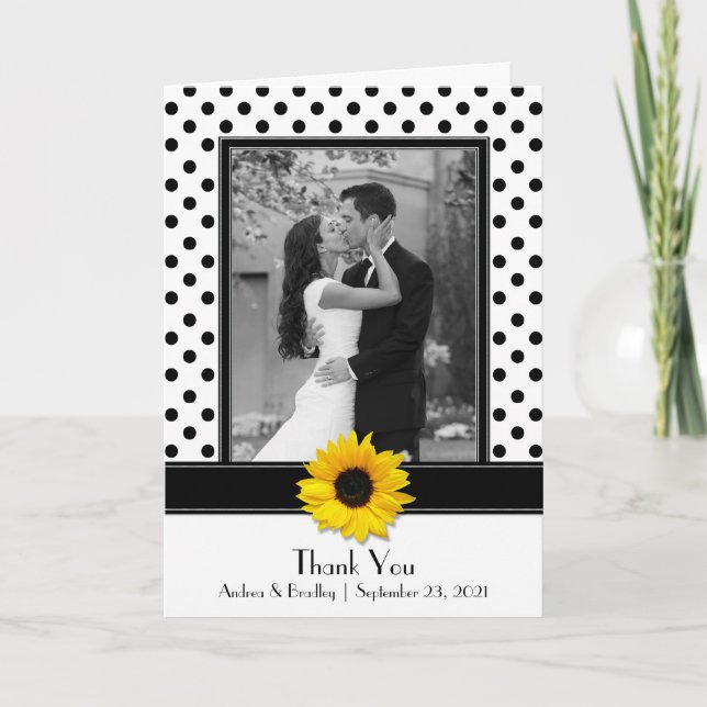 Sunflower Black White Polka Dot Wedding Thank You Card (Front)