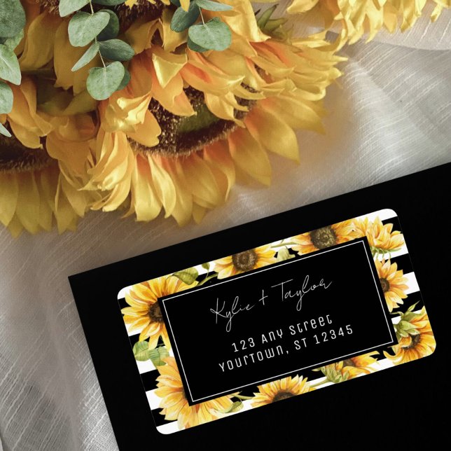 Sunflower Black White Stripe Return Address Labels (Creator Uploaded)