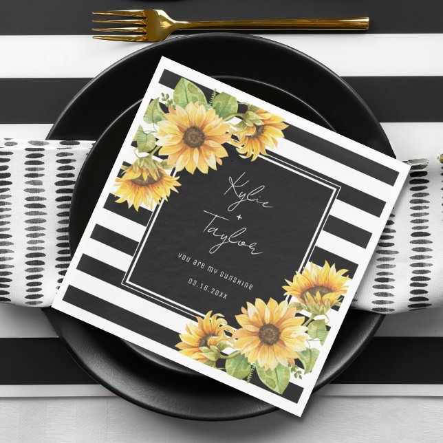 Sunflower Black & White Stripe Wedding or Shower Napkin (Creator Uploaded)