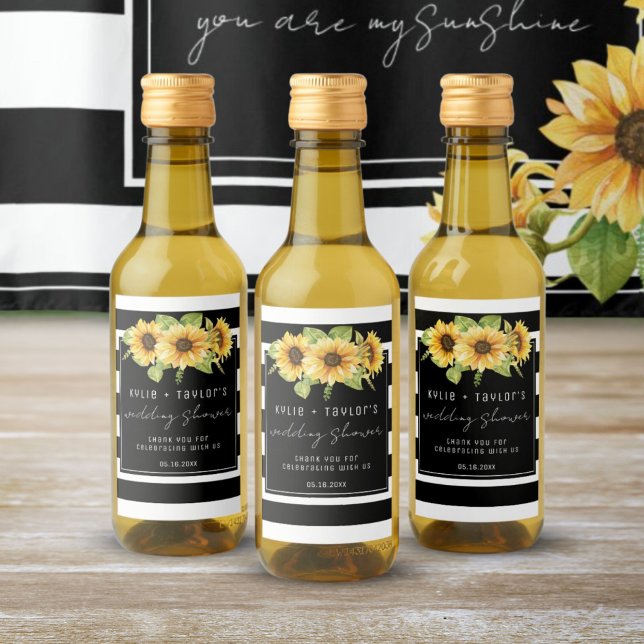 Sunflower Black White Stripe Wedding Shower Favour Wine Label (Creator Uploaded)