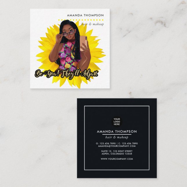 Sunflower Black Woman Beauty Fashion Square Busine Business Card (Front/Back)
