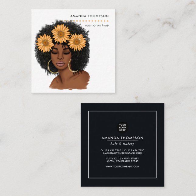 Sunflower Black Woman Hair Stylist Square Business Card (Front/Back)