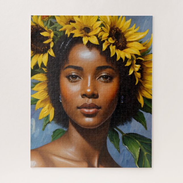 Sunflower Black Woman Portrait Art Jigsaw Puzzle (Vertical)