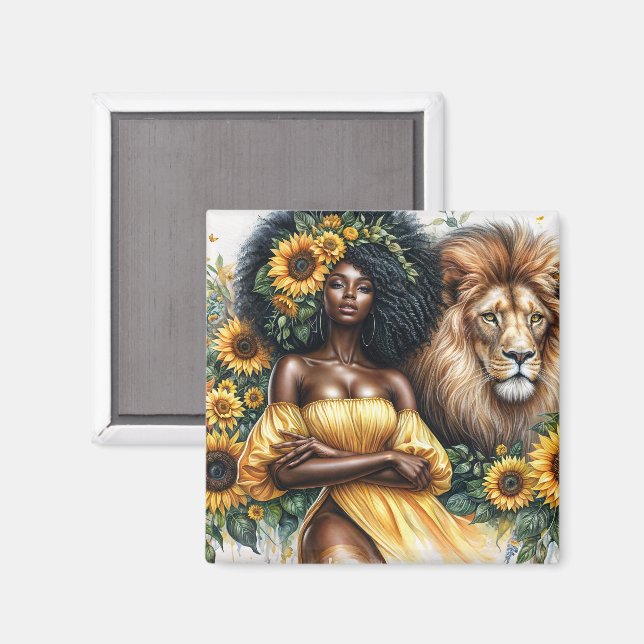 Sunflower Black Woman With Lion Leo Art Magnet (Front/Back)