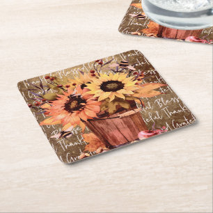 Sunflower Blessings Gratitude Thanksgiving Square Paper Coaster