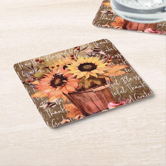 Sunflower Blessings Gratitude Thanksgiving Square Paper Coaster (Angled)