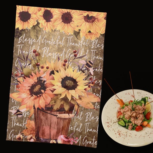 Sunflower Blessings Gratitude Thanksgiving Tea Towel (Creator Uploaded)